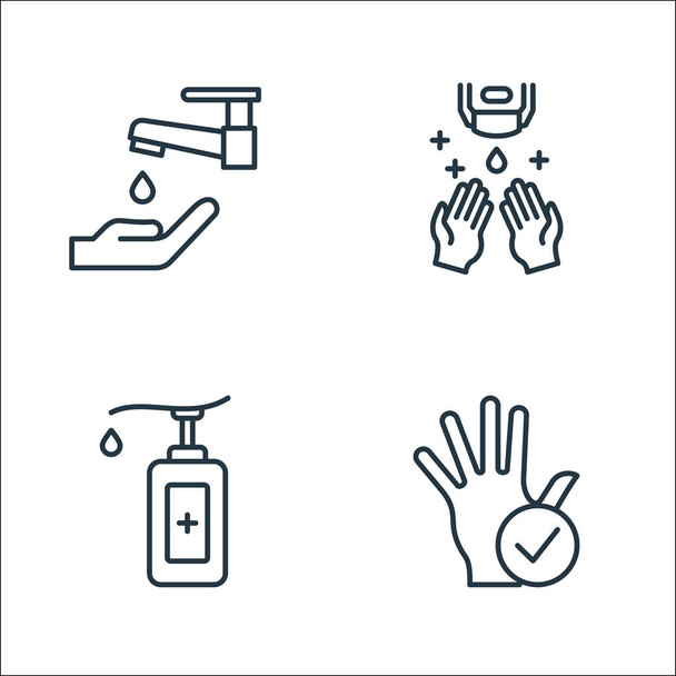 lavarse las manos iconos de línea. Conjunto lineal. conjunto de línea de vectores de calidad como mano, desinfectante de manos, desinfectante de manos - Vector, Imagen