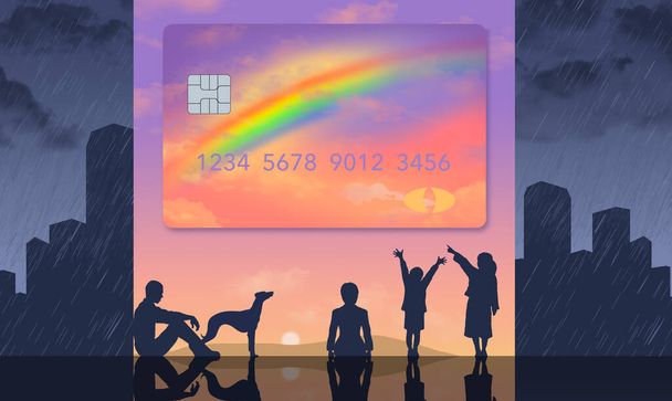Семья переживает дождливый день, используя кредитную карту, украшенную радугой на этой иллюстрации об использовании кредита для чрезвычайных ситуаций. - Фото, изображение
