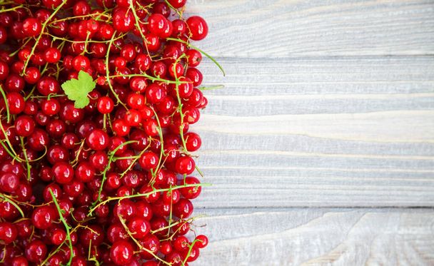 Juicy fresh red currant on a rustic wooden background. Close-up, top view, copy-space - Foto, Imagem