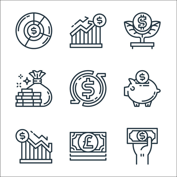 money and currency line icons. linear set. quality vector line set such as payment method, pound bills, graph, piggy bank, turnover, money, money tree, growth - Vector, Image
