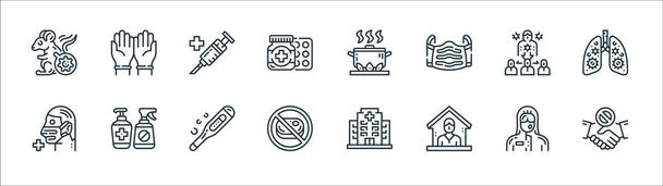 virus transmission line icons. linear set. quality vector line set such as no touch, quarantine, no meat, medical mask, spreader, vaccine, hot food, rubber gloves - Vector, Image