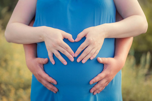 Une femme enceinte et son mari debout dans le parc et tenant leurs mains sur sa bosse de bébé. Mains en forme de cœur. Ferme là. Famille, grossesse, concept d'amour, fond d'écran, papier peint - Photo, image