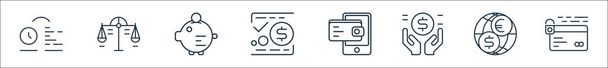 iconen van de bedrijfs- en financiële lijn. lineaire verzameling. kwaliteit vector lijn set zoals veiligheid, internationaal, financiën, digitale portemonnee, overdracht, spaarpot, schalen - Vector, afbeelding