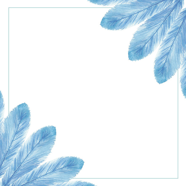 Watercolor hand painted bird design squared frame with light blue fluffy feathers fan bouquet composition in the corners and border line on the white background with the space for text - Photo, Image