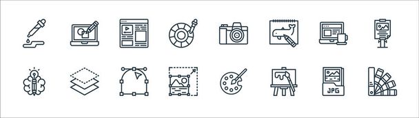 Symbole für grafische Designlinien. Lineares Set. Qualitätsvektorzeilen-Set wie Farben, Malerei, Fotobearbeitung, Kreativität, Arbeit, Layout, Kamera, de - Vektor, Bild