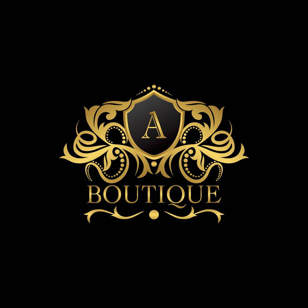 Luxe Boutique Gold A Letter Logo template in vector ontwerp voor decoratie, Restaurant, Royalty, Boutique, Cafe, Hotel, Heraldic, Jewelry, Fashion en andere vector illustratie - Vector, afbeelding