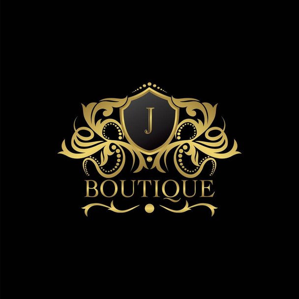 Luxury Boutique Gold J List Logo szablon w wektorowej projektowania dla dekoracji, Restauracja, Royalty, Boutique, Cafe, Hotel, Heraldyczny, Biżuteria, Moda i inne ilustracje wektor - Wektor, obraz