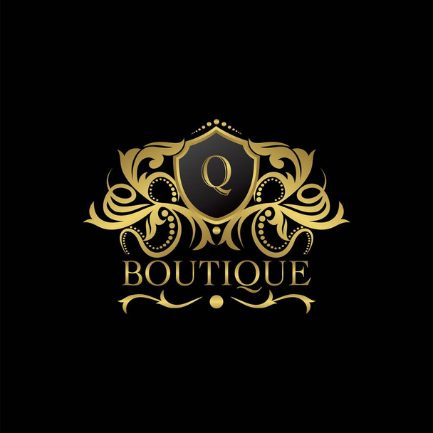 Luxus Boutique Gold Q Letter Logo-Vorlage im Vektordesign für Dekoration, Restaurant, Royalty, Boutique, Cafe, Hotel, Heraldic, Schmuck, Mode und andere Vektorillustrationen - Vektor, Bild
