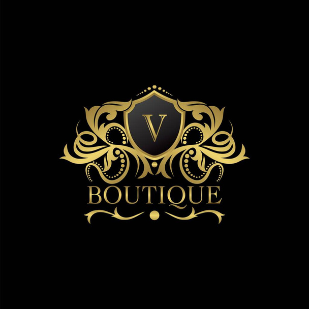 Plantilla de logotipo de lujo Boutique Gold V Letter en diseño vectorial para decoración, restaurante, regalías, boutique, café, hotel, heráldico, joyería, moda y otra ilustración vectorial - Vector, imagen