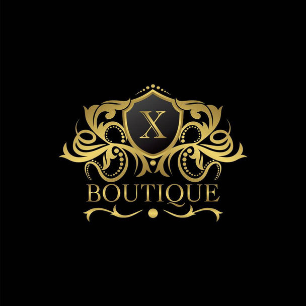 Шаблон логотипа роскошного бутика Gold X в векторном дизайне для украшения, ресторана, королевской семьи, бутика, кафе, отеля, геральдического, ювелирного искусства, моды и других векторных иллюстраций - Вектор,изображение