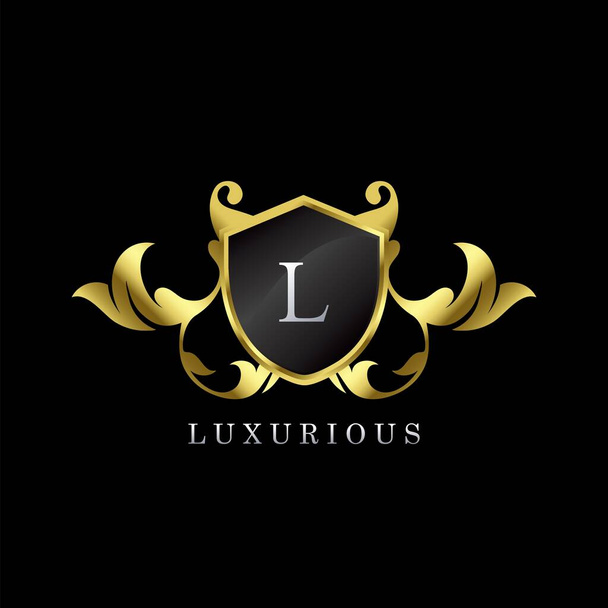 Golden Luxury Shield L Letter Logo. Κομψότητα λογότυπο διάνυσμα πρότυπο κατασκευασμένο από ευρύ ασημένιο αλφάβητο γραμματοσειρά σε πλαίσιο ασπίδα περίτεχνο στυλ πολυτέλεια. - Διάνυσμα, εικόνα