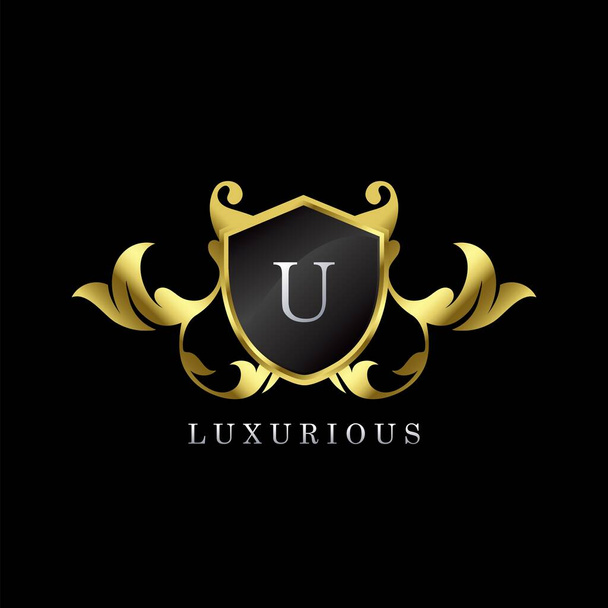 Golden Luxury Shield U Carta Logo. Modelo de vetor de logotipo de elegância feito de fonte de alfabeto prata larga no quadro de escudo estilo de luxo ornamentado
. - Vetor, Imagem