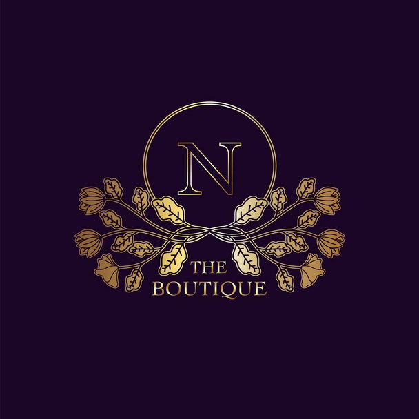 Golden Luxury Nature Leaf Boutique Letter N Logo template in circle frame vector design per brand identity come Restaurant, Royalty, Boutique, Cafe, Hotel, Araldic, Jewelry, Fashion e altri brand - Vettoriali, immagini