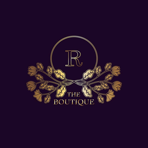Golden Luxury Nature Leaf Boutique List R Szablon logo w ramce koła wektor projektowania tożsamości marki, takich jak restauracja, tantiem, butik, kawiarnia, hotel, heraldyczny, biżuteria, moda i inne marki - Wektor, obraz
