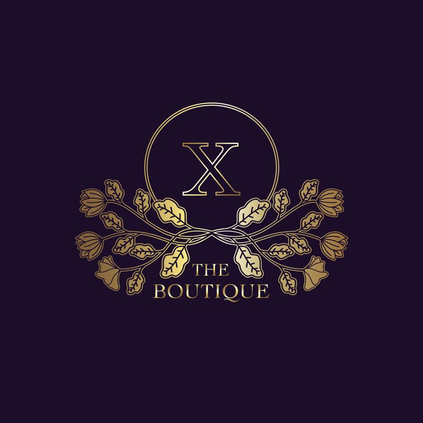 Golden Luxury Nature Leaf Boutique Letra X Plantilla de logotipo en diseño de vectores de marco circular para identidad de marca como restaurante, realeza, boutique, café, hotel, heráldico, joyería, moda y otra marca - Vector, Imagen