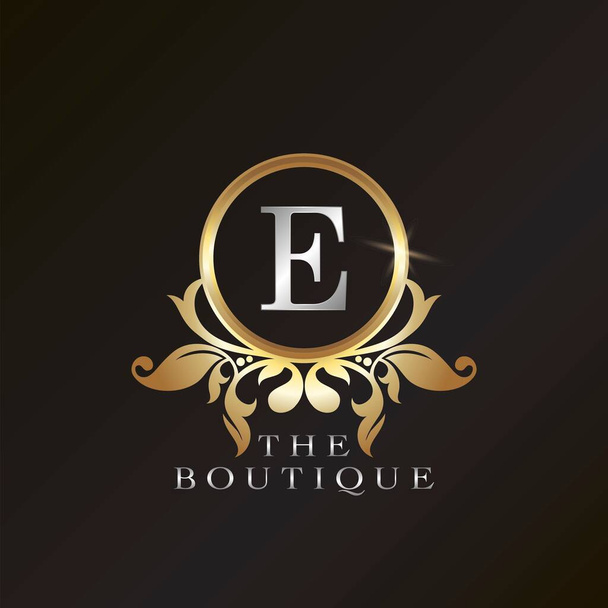 Modello di logo Gold Boutique E nel design del vettore cornice cerchio per l'identità del marchio come ristorante, regalità, boutique, caffè, hotel, araldica, gioielli, moda e altro marchio - Vettoriali, immagini