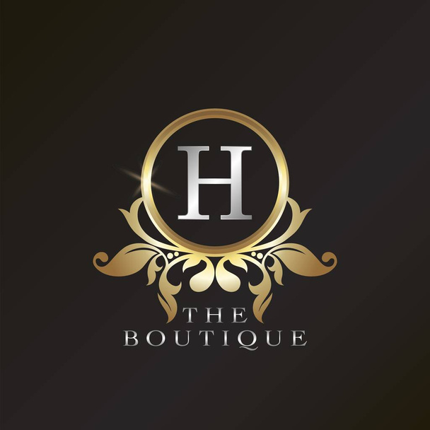 Gold Boutique H Plantilla de logotipo en el diseño de vectores de marco de círculo para la identidad de marca como restaurante, realeza, boutique, café, hotel, heráldico, joyería, moda y otra marca - Vector, imagen