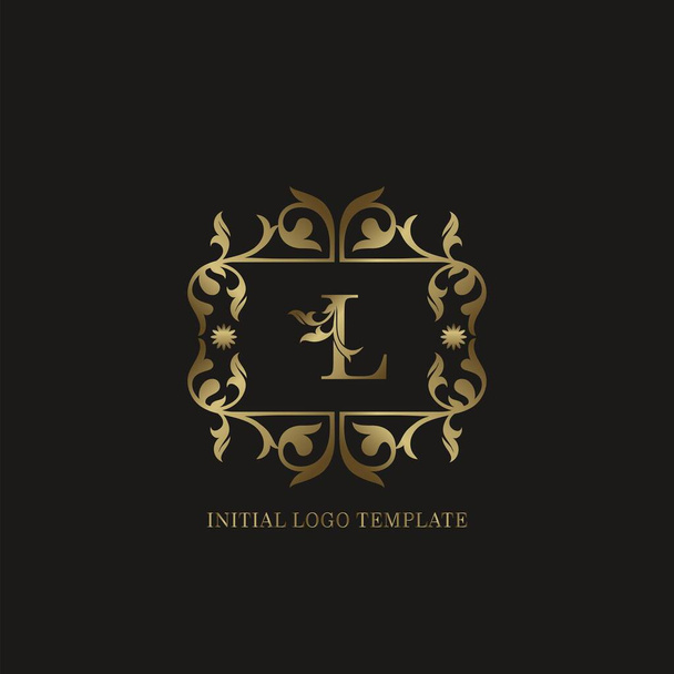 Golden L Initieel logo. Frame embleem ampersand deco ornament monogram luxe logo sjabloon voor bruiloft of meer luxe identiteit - Vector, afbeelding