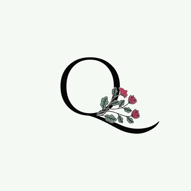 Элегантность Природа Цветок Начальная буква Q иконка логотипа в векторных декоративных цветочных листьев клип дизайн шаблона. - Вектор,изображение