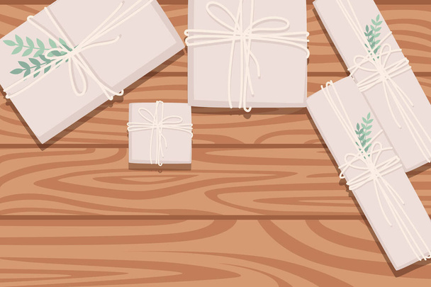 Organisation de travail plat vue de dessus avec des paquets de papier de table de texture en bois pour la livraison après ou cadeau élément présent avec feuilles vertes bureau pour illustration vectorielle plate de concept de bureau. - Vecteur, image