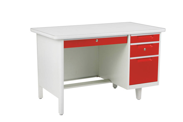 Table de bureau en acier rouge et blanc avec meubles tiroirs isolés sur fond blanc. - Photo, image