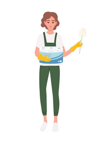 Professzionális takarító nő visel zöld egyenruha használata sárga gumikesztyű és tartsa WC-papír és WC kefe tisztítási folyamat rajzfilm karakter tervezés lapos vektor illusztráció fehér háttér. - Vektor, kép
