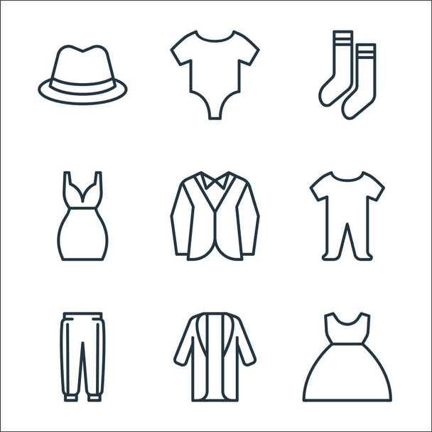 ikony linii garderoby. zestaw liniowy. wysokiej jakości zestaw linii wektorowych, takich jak suknia, długi płaszcz, spodnie, tkanina dla niemowląt, smoking, krótka sukienka, skarpetki, odzież dla niemowląt - Wektor, obraz