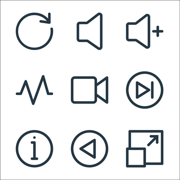 multimedia line icons. linear set. quality vector line set such as full screen, back, info, next, video, activity, volume up, volume - Vector, Image