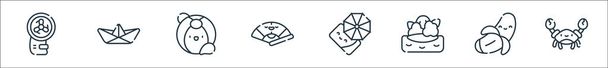 Nyári ikonok. lineáris beállítás. minőségi vektor sor, mint a rák, banán, sziget, strand esernyő, ventilátor, strandlabda, papír hajó - Vektor, kép