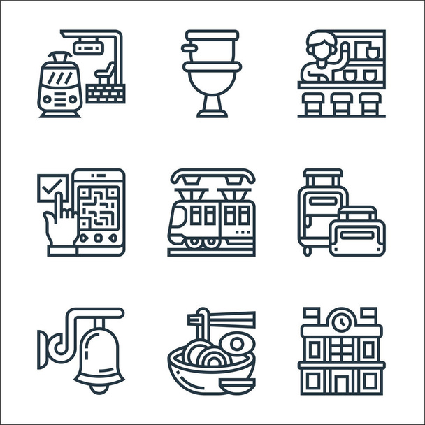 railway line icons. linear set. quality vector line set such as train station, instant noodles, bell, travel luggage, subway, check in, cafe, toilet - Vector, Image