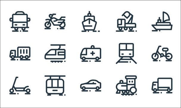 icônes de ligne de véhicules. set linéaire. ensemble de ligne vectorielle de qualité tels que camion, voiture, scooter, train, téléphérique, camion porte-conteneurs, train, rétrocaveuse, moto - Vecteur, image