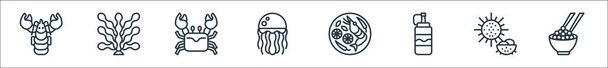 Meeresfrüchte Linie Symbole. Lineares Set. Qualitätsvektorleinen-Set wie Kaviar, Seeigel, Sauce, Tomyum, Quallen, Krabben, Algen - Vektor, Bild