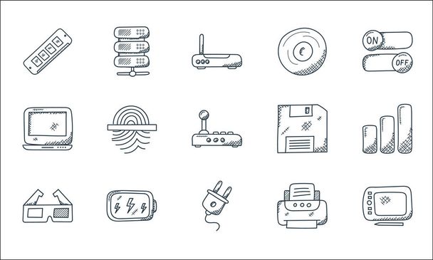 technology line icons. linear set. quality vector line set such as graphic tablet, plug, d glasses, printer, battery, laptop, floppy disc, compact disk, server - Vector, Image