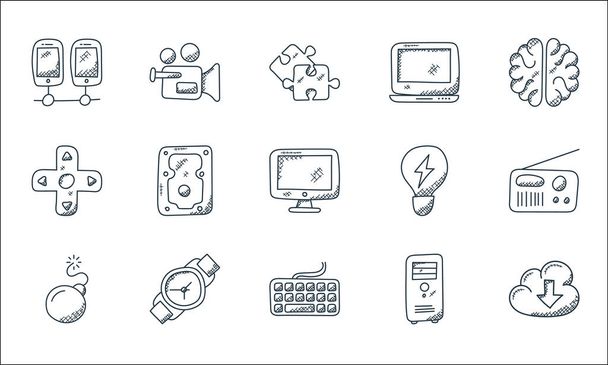 technology line icons. linear set. quality vector line set such as cloud download, keyboard, bomb, cpu tower, wristwatch, multimedia controls, light bulb, laptop, video camera - Vector, Image