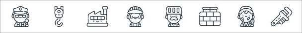 arbeidsdaglijn pictogrammen. lineaire verzameling. kwaliteit vector lijn set zoals pijpsleutel, schilder, bakstenen muur, chef, bouwer, fabriek, kraan - Vector, afbeelding