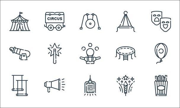 circuslijn iconen. lineaire verzameling. kwaliteit vector lijn set zoals frites, microfoon, trapeze, vuurwerk, megafoon, menselijke kanonskogel, trampoline, feestmuts, circus - Vector, afbeelding