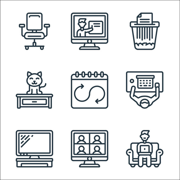home office line icons. linear set. quality vector line set such as working man, video call, computer screen, desk, work schedule, cat, paper shder, online training - Vector, Image