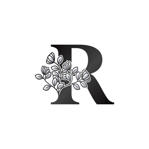 Monogram Initial R Letter Logo, Elegance Black and White Nature Flowers Ornate Style Vector Design. - Vecteur, image