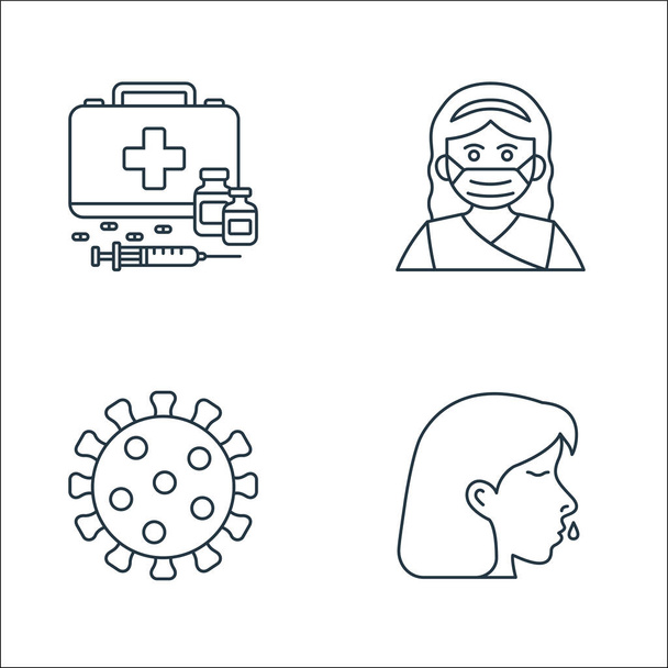 coronavirus covid line icons. Conjunto lineal. conjunto de línea de vectores de calidad como mocos, coronavirus, máscara médica - Vector, Imagen