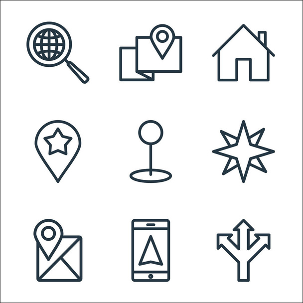 navigation line icons. linear set. quality vector line set such as direction, gps phone, location, compass, pin, location, home, map point - Vector, Image
