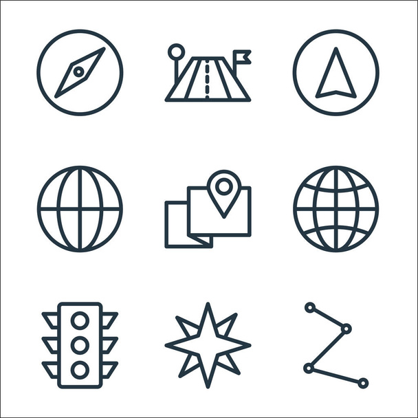 navigation line icons. linear set. quality vector line set such as pin, compass, traffic, worldwide, map point, worldwide, gps, travel - Vector, Image