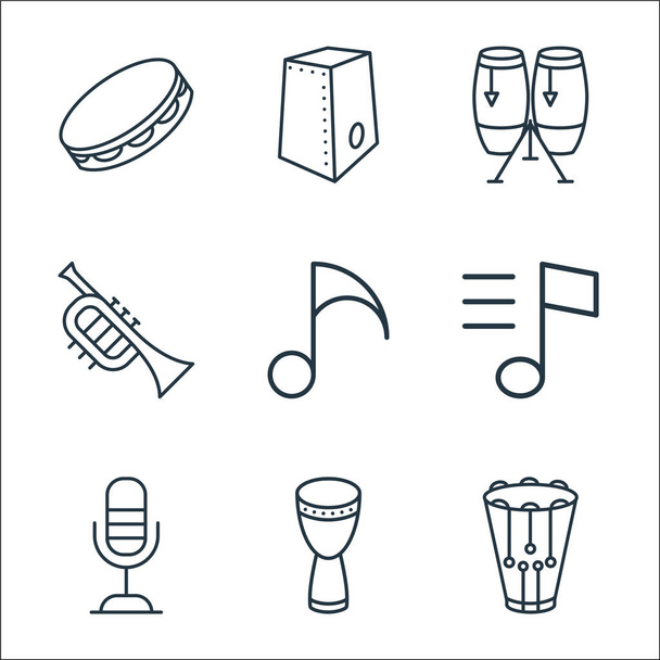 музыкальные инструменты линии иконы. линейное множество. набор векторных линий качества, таких как барабан, джембе, микрофон, музыкальные ноты, ноты, валторна, конга, кахон - Вектор,изображение