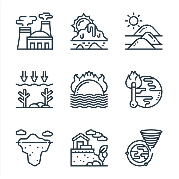 climate change line icons. linear set. quality vector line set such as storms, landslide, iceberg, global warming, warning, ocean, desert, melting - Vector, Image