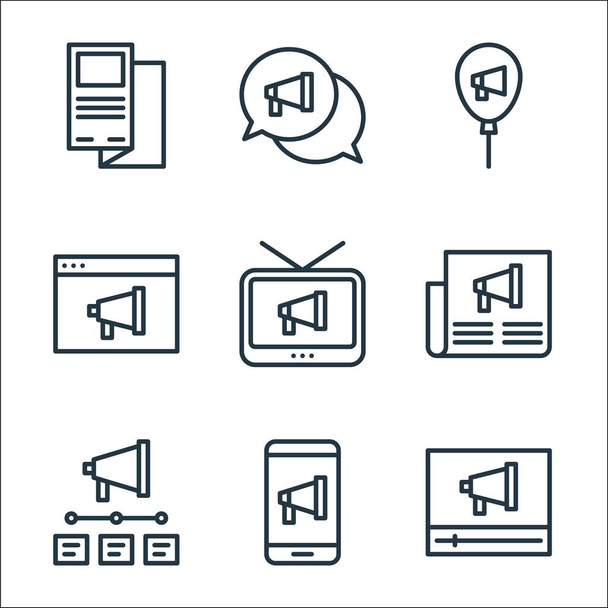 advertisement line icons. linear set. quality vector line set such as video marketing, smartphone, timeline, newspaper, television, balloon, chat - Vector, Image