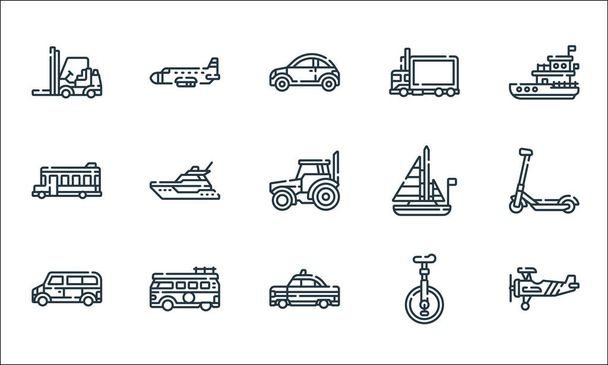vehicles transports line icons. linear set. quality vector line set such as airplane, taxi, car, unicycle, van, school bus, sailboat, delivery truck, airplane - Vector, Image