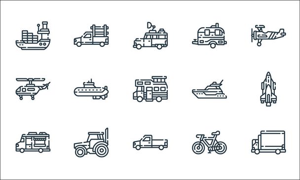 véhicules transporte des icônes de ligne. set linéaire. Ensemble de lignes vectorielles de qualité telles que le transport, pick-up, food truck, vélo, tracteur, hélicoptère, yatch, camionnette, pick-up - Vecteur, image