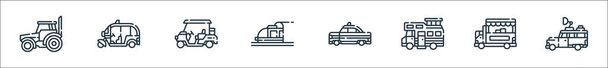 οχήματα μεταφορά εικονίδια γραμμή. γραμμικό σύνολο. ποιότητα διανυσματική γραμμή που όπως το αυτοκίνητο, φορτηγό τροφίμων, campervan, ταξί, μετρό, αμαξίδιο του γκολφ, tuk tuk - Διάνυσμα, εικόνα