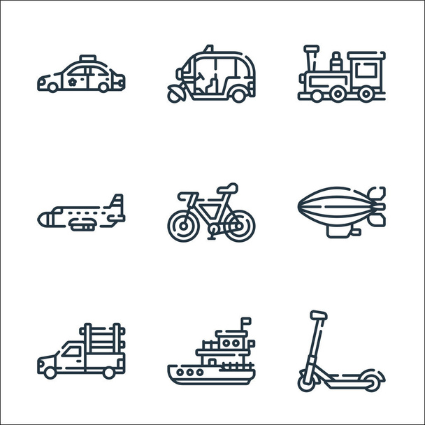 vehicles transports line icons. linear set. quality vector line set such as kick scooter, ship, pickup truck, zeppelin, bicycle, airplane, train, tuk tuk - Vector, Image