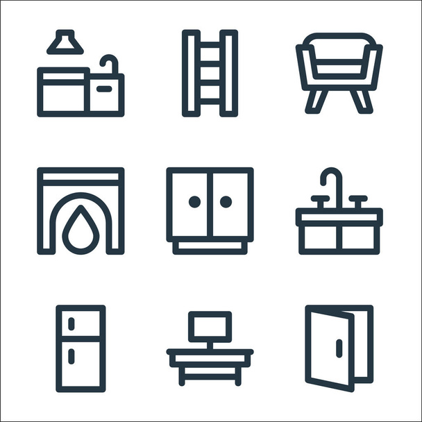 home furniture line icons. linear set. quality vector line set such as door open, tv table, refrigerator, sink, wardrobe, fireplace, seat, ladder - Vector, Image