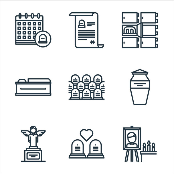 funeral line icons. linear set. quality vector line set such as photography, grave, angel, ashes, cemetery, coffin, morgue, will - Vector, Image